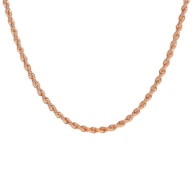 A 14k rose gold rope chain necklace with a smooth finish on a 24-inch length.