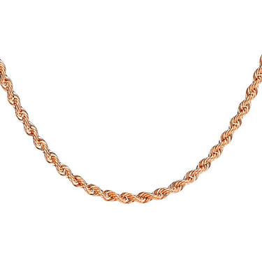 A 14k rose gold rope chain necklace with a length of 24 inches.