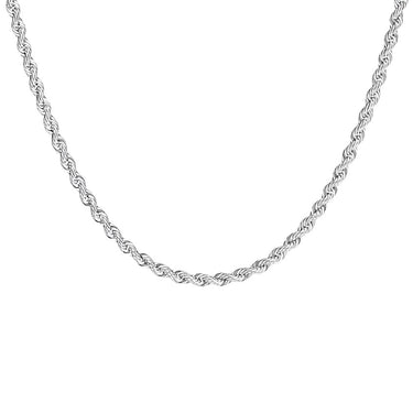 A 14k white gold 24-inch rope link chain necklace with a 3.2 mm width.