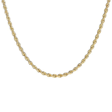 A 14k yellow gold solid rope chain necklace with a 24-inch length.