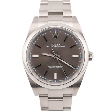 Rolex 114300 Oyster Perpetual 39 mm Smooth Bezel Dark Rhodium Grey Dial Box and Papers 2018