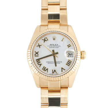 Front view of Rolex Datejust 178278 with white mother-of-pearl Roman dial and yellow-gold Oyster bracelet