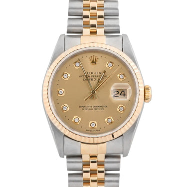 Rolex 16233 Datejust 36 mm Champagne Diamond Dial Jubilee Bracelet Box 1995