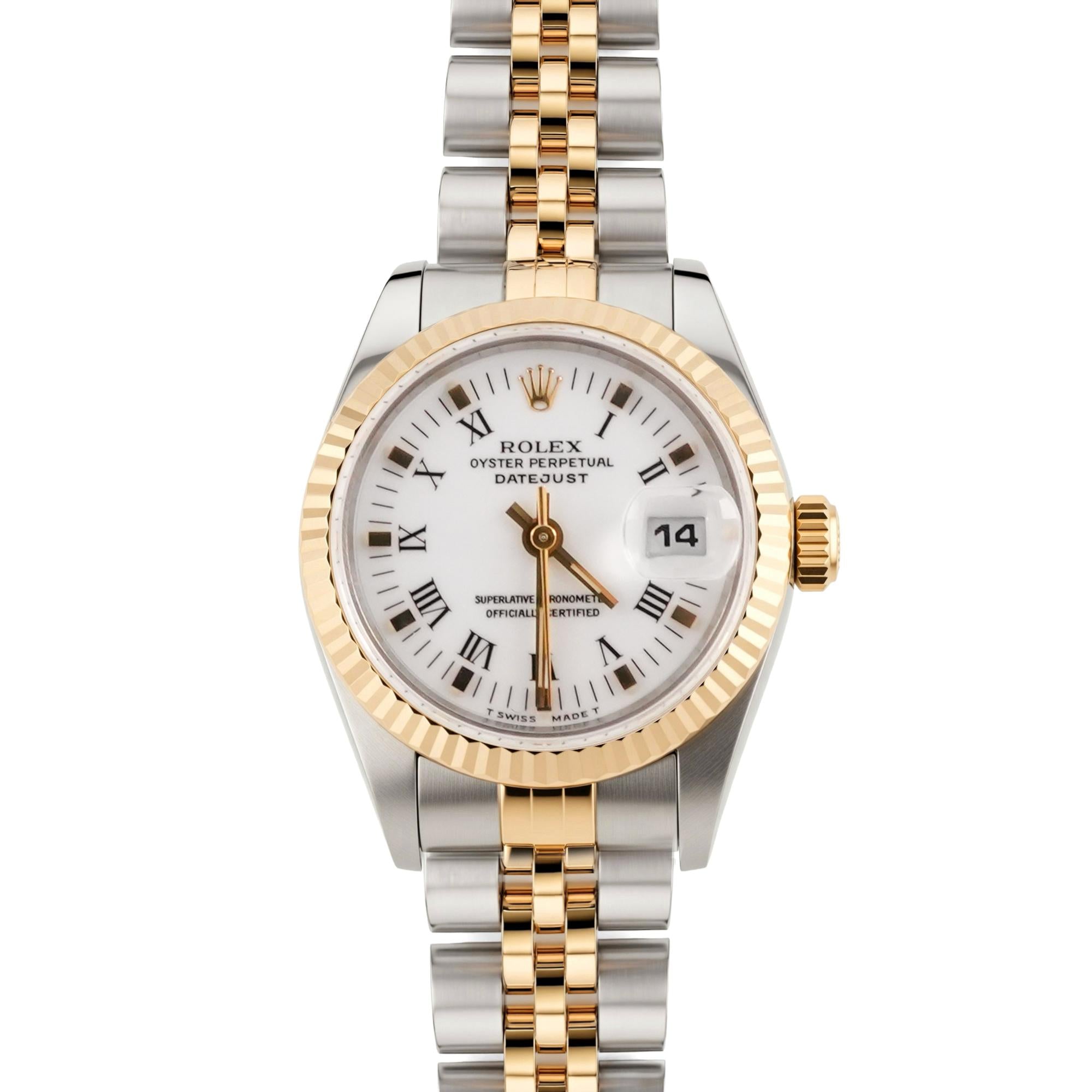 ロレックス 69173 3コマ Rolex 69173 Lady-Datejust 26 mm Fluted Bezel White Roman Dial
