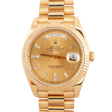 Rolex 228238 Day-Date 40 mm 18k Yellow Gold Fluted Bezel Champagne Baguette Diamond Dial President Bracelet Box 2020
