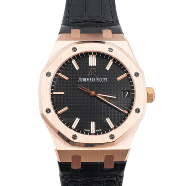 Audemars 15500OR.OO.D002CR.01 Piguet Royal Oak Self-winding 18K Rose Gold Black Dial Leather Strap Box and Papers 2020