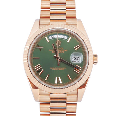 Rolex 228235 Day-Date 40 mm 18K Rose Gold Fluted Bezel Green Olive Roman Dial President Bracelet Box and Papers 2021