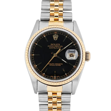 Rolex 16233 Datejust 36 mm 18K Yellow Gold Fluted Bezel Black Index Dial Jubilee Bracelet Box and Papers 2002