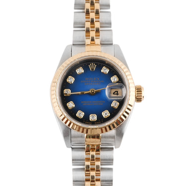 Two tone gold and solver Rolex Lady-Datejust 26 mm watch with Blue Ombre Diamond Dial and Jubilee Bracelet on a white background