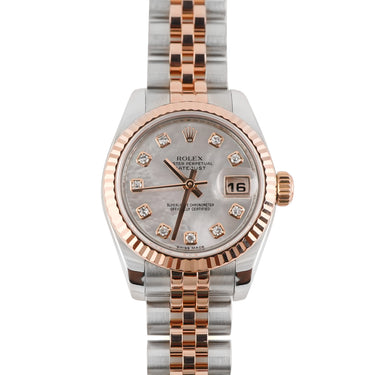 Two tone Rose Gold and silver Rolex Lady-Datejust 26 mm watch with Mother Of Pearl Diamond Dial and Jubilee Bracelet on a white background
