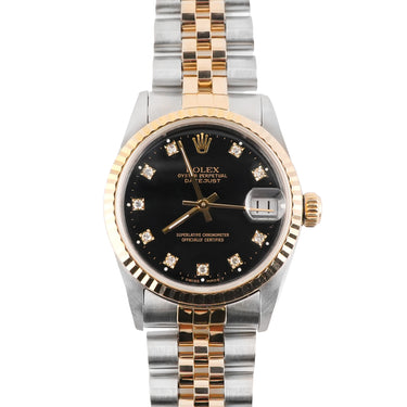 Two-tone Rolex Datejust 31 mm watch with a Fluted Bezel, Black Diamond Dial and Jubilee Bracelet on a white background