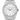 Silver Rolex watch with white face on a white background