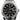 Rolex Sky-Dweller watch with black dial and silver case on a white background