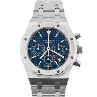 Silver watch with blue face on a white background