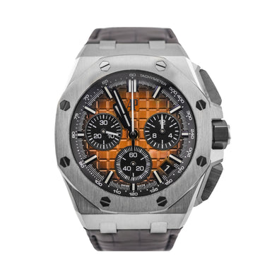 stainless steel Audemars Piguet Royal Oak Offshore Chronograph watch with a Bronze Dial and a Brown Leather Strap on a white background