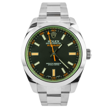 Rolex Milgauss watch with green bezel and black dial on a white background