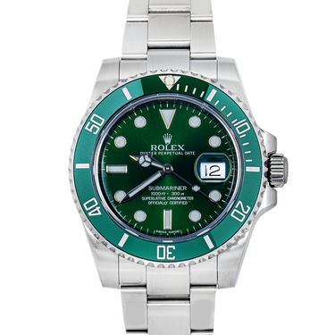 Rolex watch with green face and silver case on a white background