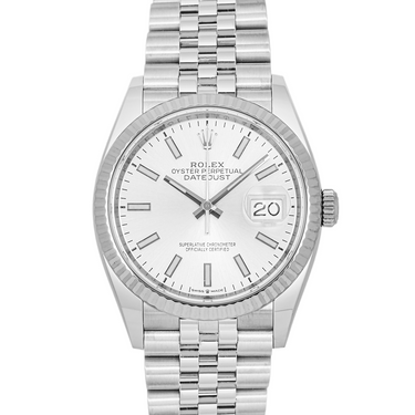 Silver Rolex watch with a white face on a white background