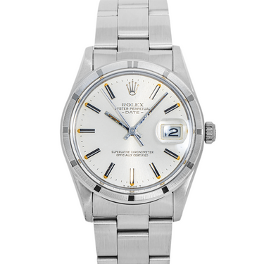 Silver wristwatch with a white dial on a white background
