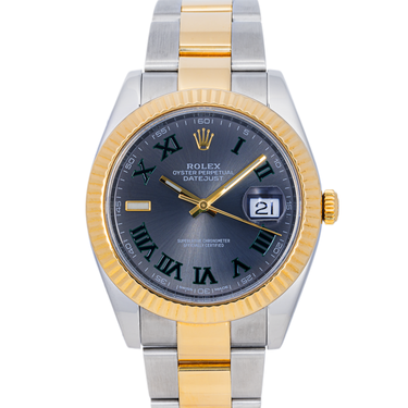 Two-tone silver and gold Rolex watch with a dark face on a white background