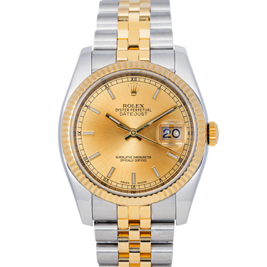 Two-tone gold and silver watch with a white background