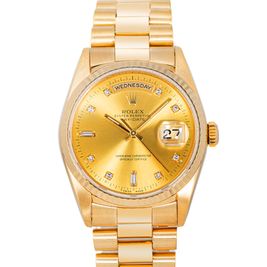 Rolex 18238 Day-Date 36mm Champagne Diamond Dial President Bracelet 1994 with Box on a white background