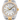 Luxury two-tone Rolex watch with diamond-studded face on a white background