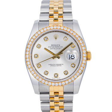 Luxury watch with silver and gold band on a white background
