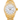 Gold Rolex watch with a white face on a white background
