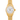 Gold watch with a white face on a white background