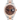 Rolex watch with brown dial and rose gold accents on a white background