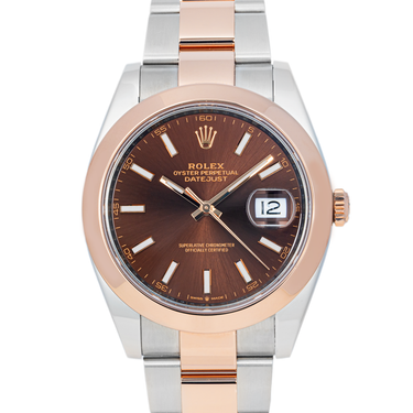 Rolex watch with brown dial and rose gold accents on a white background