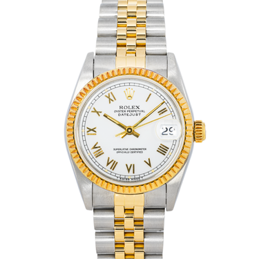 Two-tone Rolex watch with silver and gold band on a white background