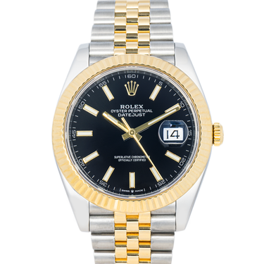 Two-tone Rolex Datejust 41 watch with gold and silver band and jubilee bracelet on a white background