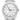 Silver Rolex watch with a white face on a white background