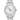 Silver Rolex watch with a white face on a white background