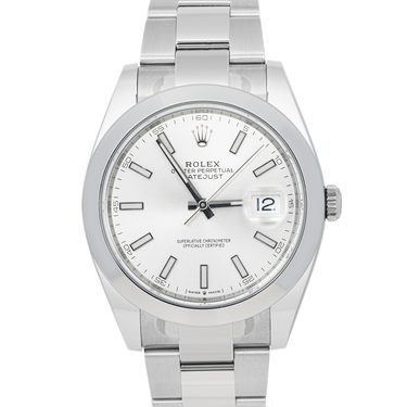 Silver Rolex watch with a white face on a white background