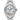 Silver Rolex watch with white face and date display on a white background