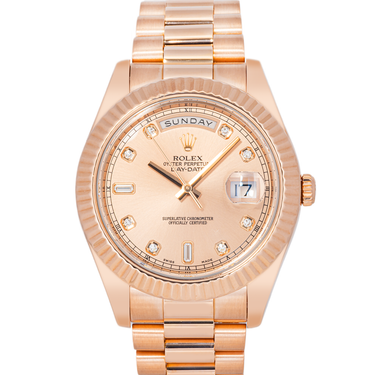 Rolex 218235 Day-Date II 41mm Watch with Rose Gold Sundust Diamond Dial and President Bracelet Bon a white ackground