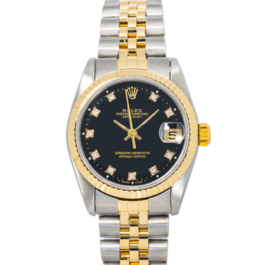 Tow tone Rolex 68273 Datejust 31 mm watch with a Fluted Bezel, Black Diamond Dial, and Jubilee Bracelet on a white background