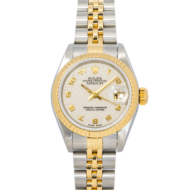 Two-tone Rolex 79173 Lady-Datejust 26 mm watch with a Jubilee Ivory Arabic Dial and Jubilee Bracelet on a white background