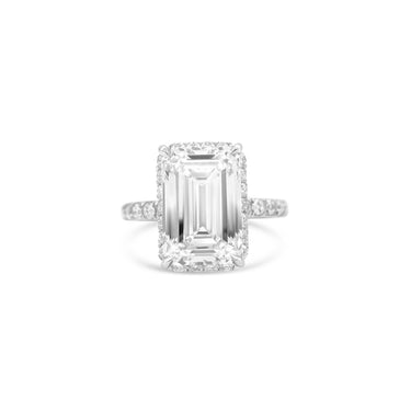 a Platinum Emerald-Cut Diamond Engagement Ring 7.41 CT on a white background