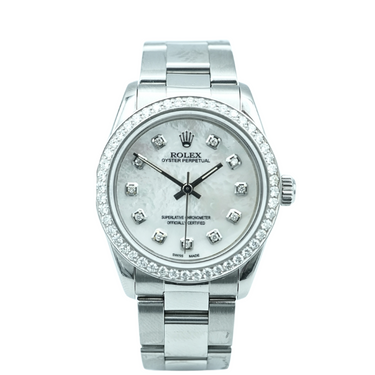 Rolex 67180 Oyster Perpetual 31 mm Silver Custom Diamond Dial Custom Diamond Bezel Oyster Bracelet 1996