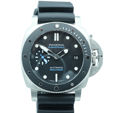 Panerai Submersible watch with black dial and rubber strap on a white background