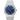 Luxury watch with blue dial and silver metal strap on a white background