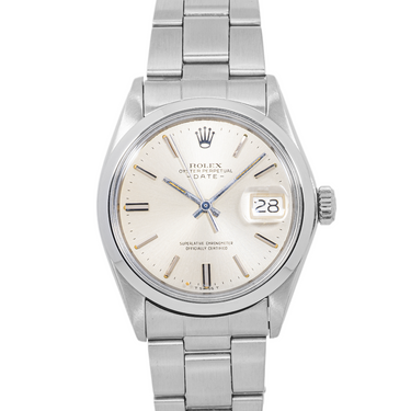 Rolex 1500 Oyster Perpetual Date 34 mm Smooth Bezel Silver Index Dial Oyster Bracelet 1970 on a white background