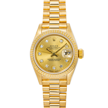 Gold Rolex watch with diamond-studded face on a white background