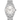 Silver wristwatch with a white face on a white background