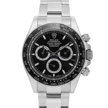 Silver watch with black dial on a white background