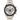 Rolex watch with silver case and black bezel on a white background